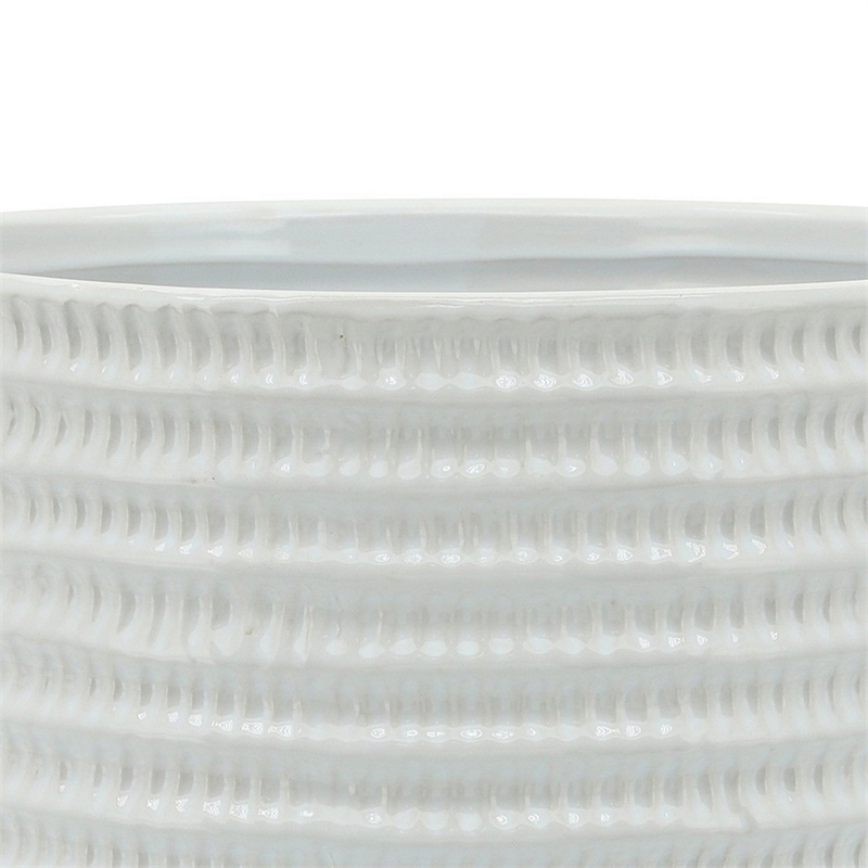 Ceramic Planter with Textured Pattern and Wooden Stand- White