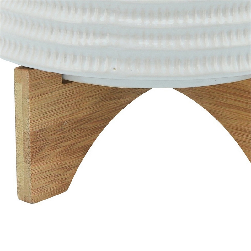 Ceramic Planter with Textured Pattern and Wooden Stand- White