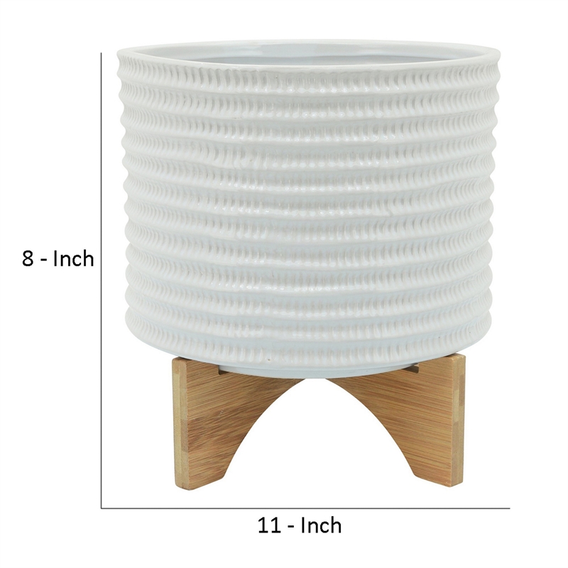 Ceramic Planter with Textured Pattern and Wooden Stand- White