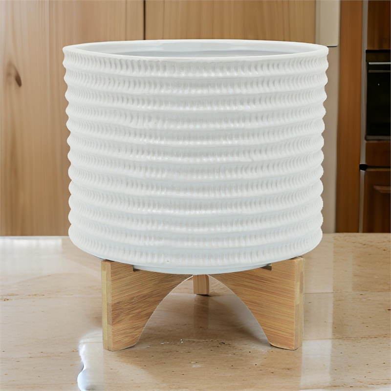 Ceramic Planter with Textured Pattern and Wooden Stand- White