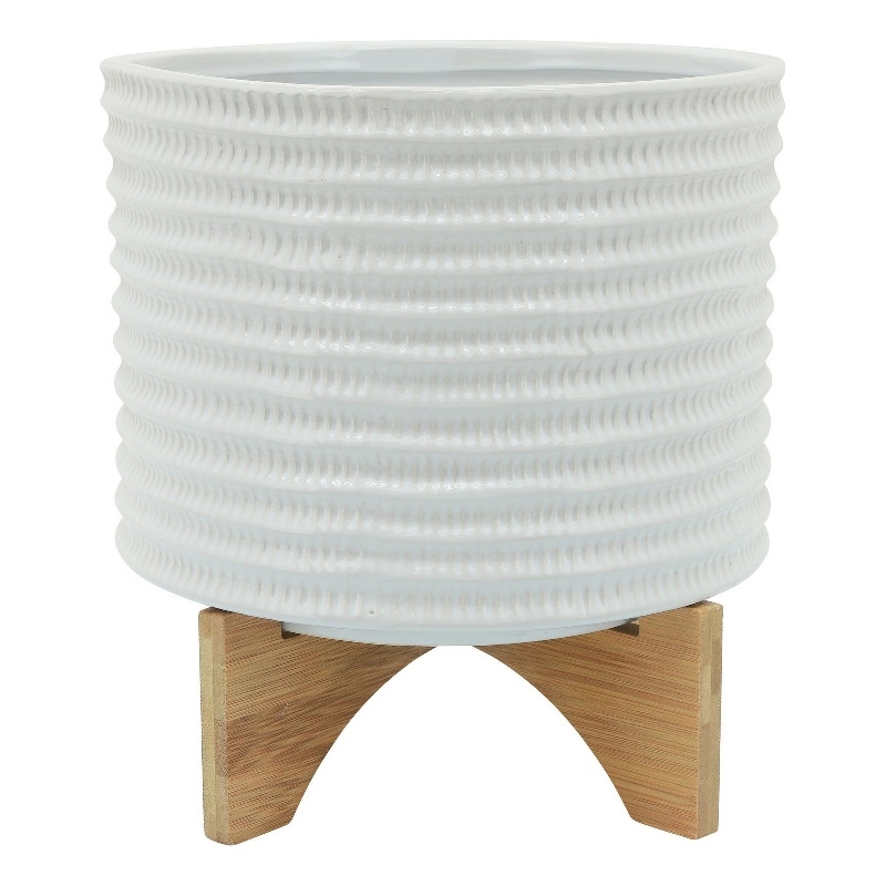 Ceramic Planter with Textured Pattern and Wooden Stand- White