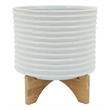 Ceramic Planter with Textured Pattern and Wooden Stand- White