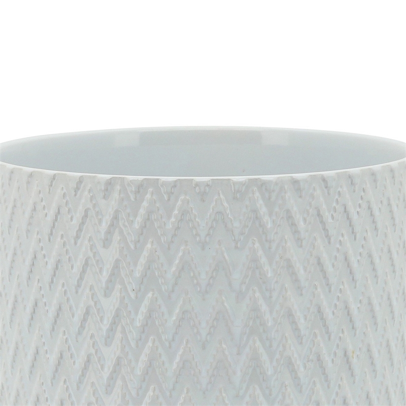 Ceramic Planter with Chevron Pattern and Wooden Stand- Small- White