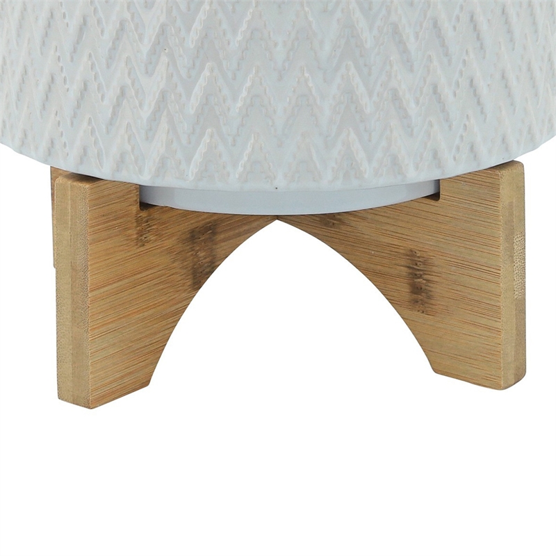 Ceramic Planter with Chevron Pattern and Wooden Stand- Small- White