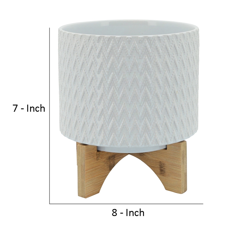 Ceramic Planter with Chevron Pattern and Wooden Stand- Small- White