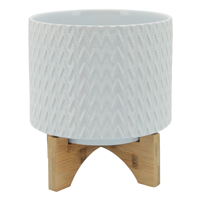 Ceramic Planter with Chevron Pattern and Wooden Stand- Small- White