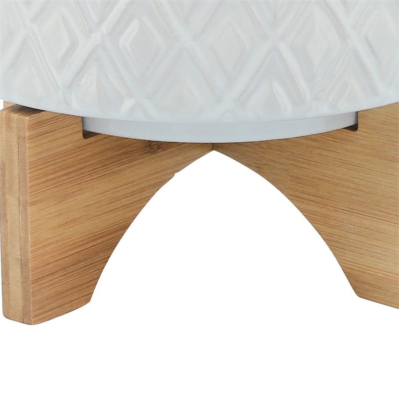 Ceramic Planter with Diamond Pattern and Wooden Stand- White