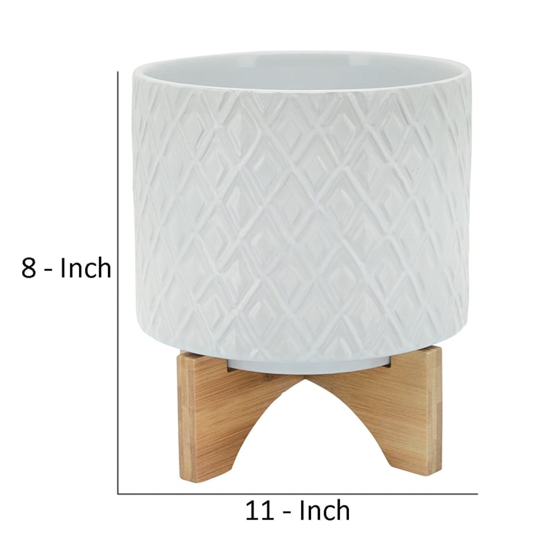 Ceramic Planter with Diamond Pattern and Wooden Stand- White