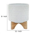 Ceramic Planter with Diamond Pattern and Wooden Stand- White