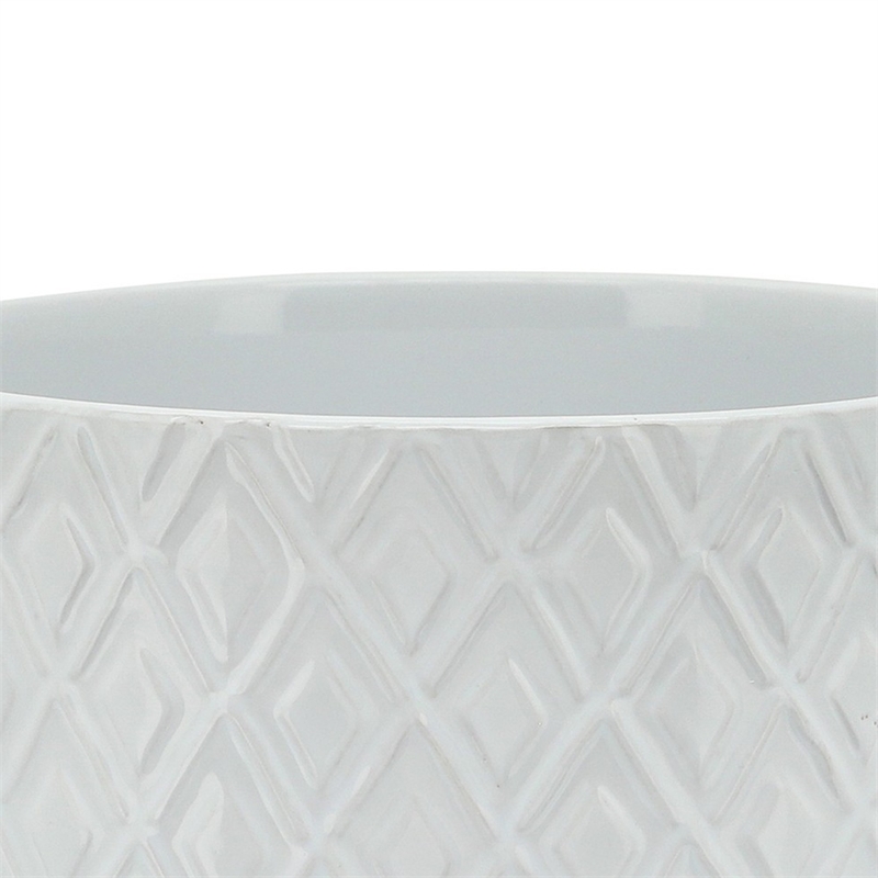 Ceramic Planter with Diamond Pattern and Wooden Stand- White