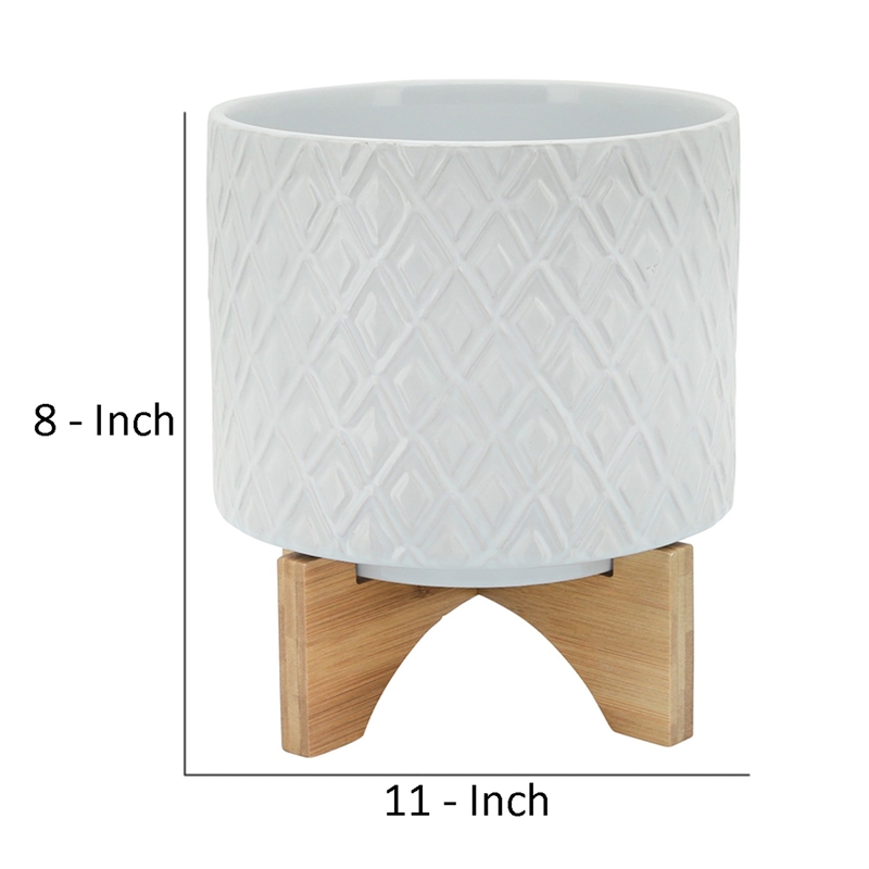 Ceramic Planter with Diamond Pattern and Wooden Stand- White