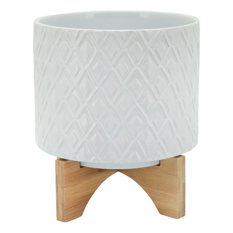 Ceramic Planter with Diamond Pattern and Wooden Stand- White