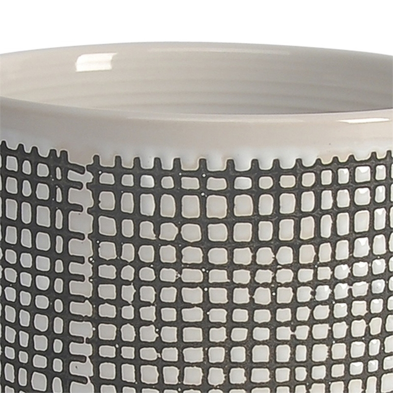 Ceramic Planter with Mesh Design and Saucer- Gray
