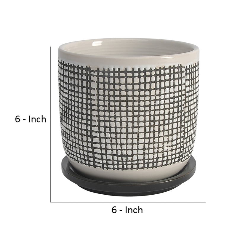 Ceramic Planter with Mesh Design and Saucer- Gray