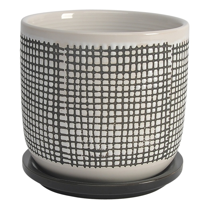 Ceramic Planter with Mesh Design and Saucer- Gray