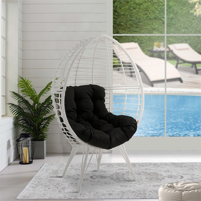 Wicker Patio Lounge Chair with Angled Metal Legs- White