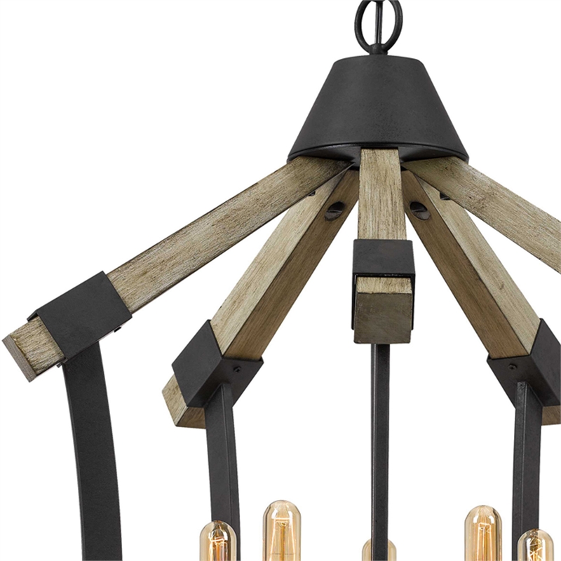 5 Bulb Pendant Fixture with Wooden and Metal Frame- Brown and Black