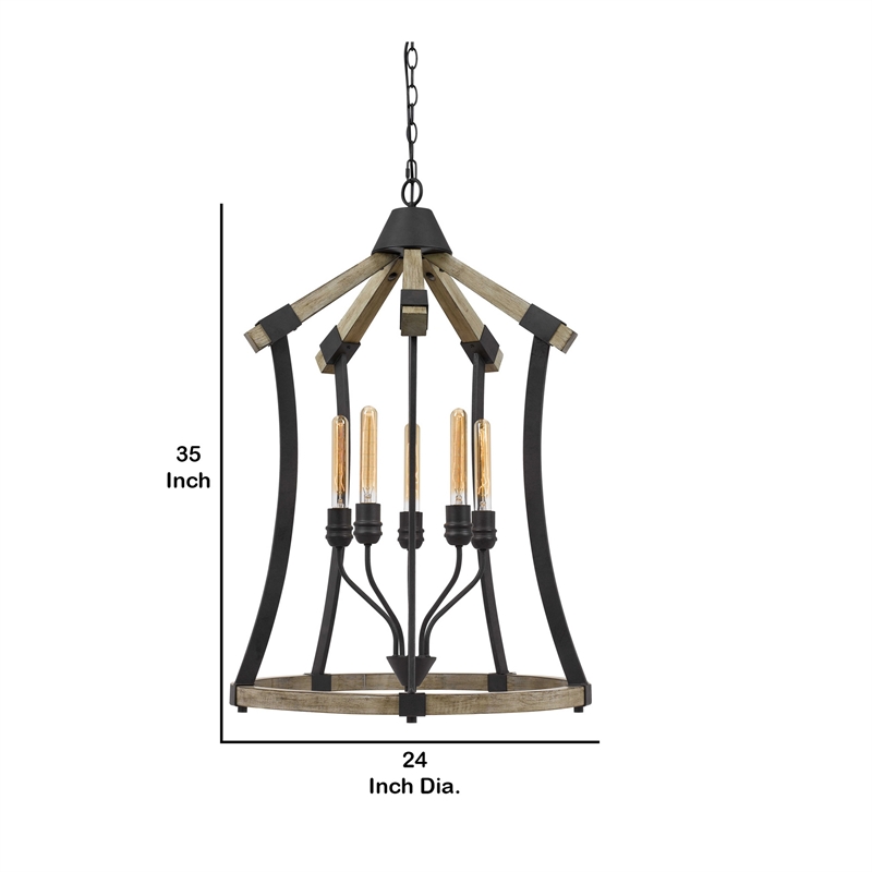 5 Bulb Pendant Fixture with Wooden and Metal Frame- Brown and Black