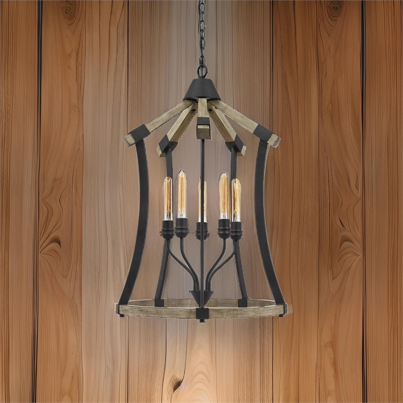 5 Bulb Pendant Fixture with Wooden and Metal Frame- Brown and Black