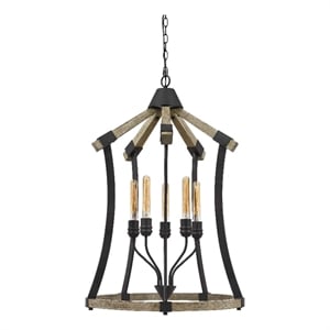 5 Bulb Pendant Fixture with Wooden and Metal Frame- Brown and Black