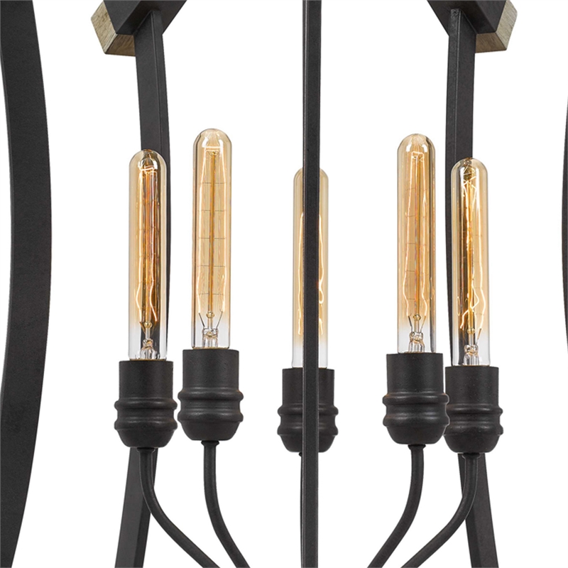 5 Bulb Pendant Fixture with Wooden and Metal Frame- Brown and Black