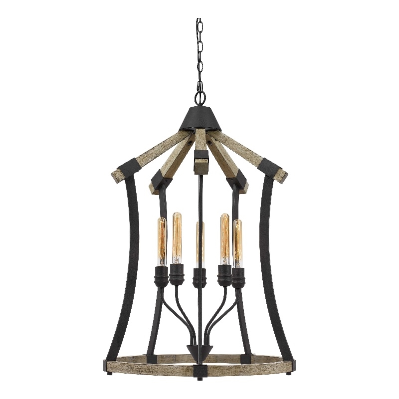 5 Bulb Pendant Fixture with Wooden and Metal Frame- Brown and Black