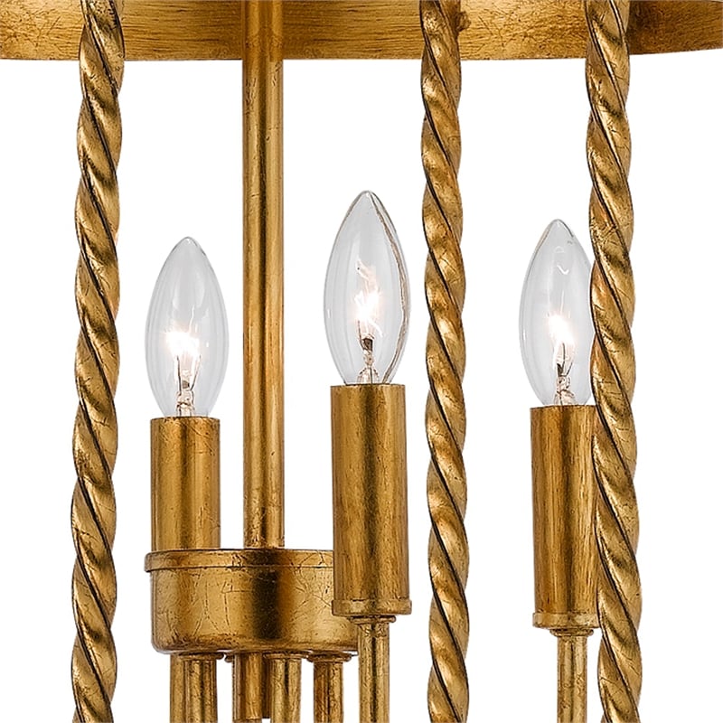 25 Inch Metal Chandelier Pendant- Bird Cage Design- Woven Rope- Gold