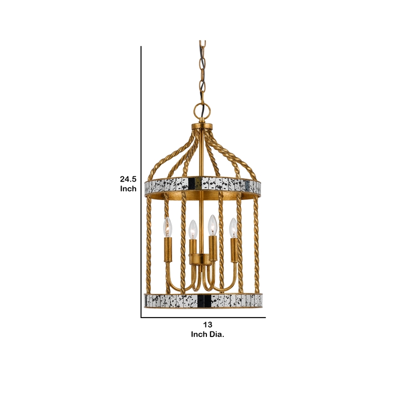 25 Inch Metal Chandelier Pendant- Bird Cage Design- Woven Rope- Gold