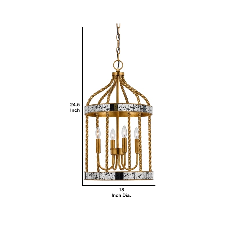 25 Inch Metal Chandelier Pendant- Bird Cage Design- Woven Rope- Gold
