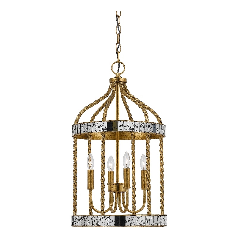25 Inch Metal Chandelier Pendant- Bird Cage Design- Woven Rope- Gold