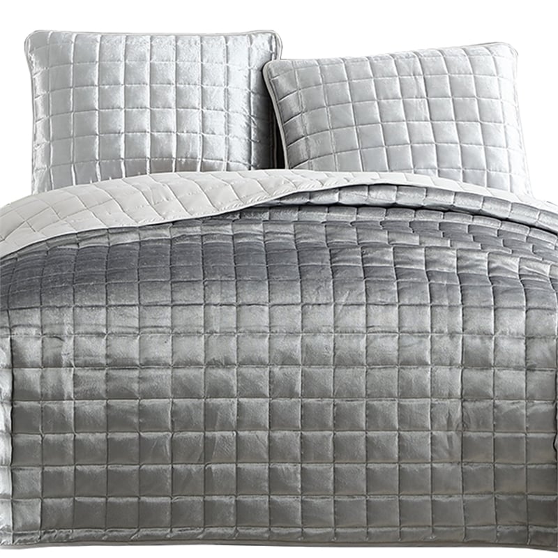 3 Piece King Size Coverlet Set with Stitched Square Pattern- Silver