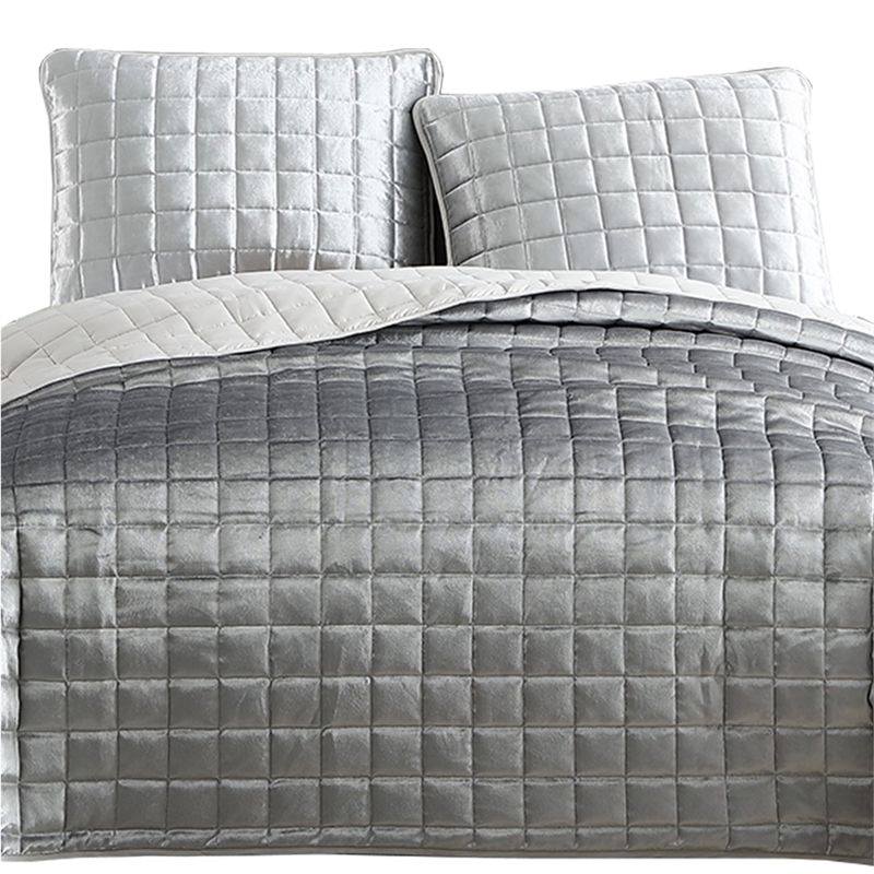 3 Piece King Size Coverlet Set with Stitched Square Pattern- Silver