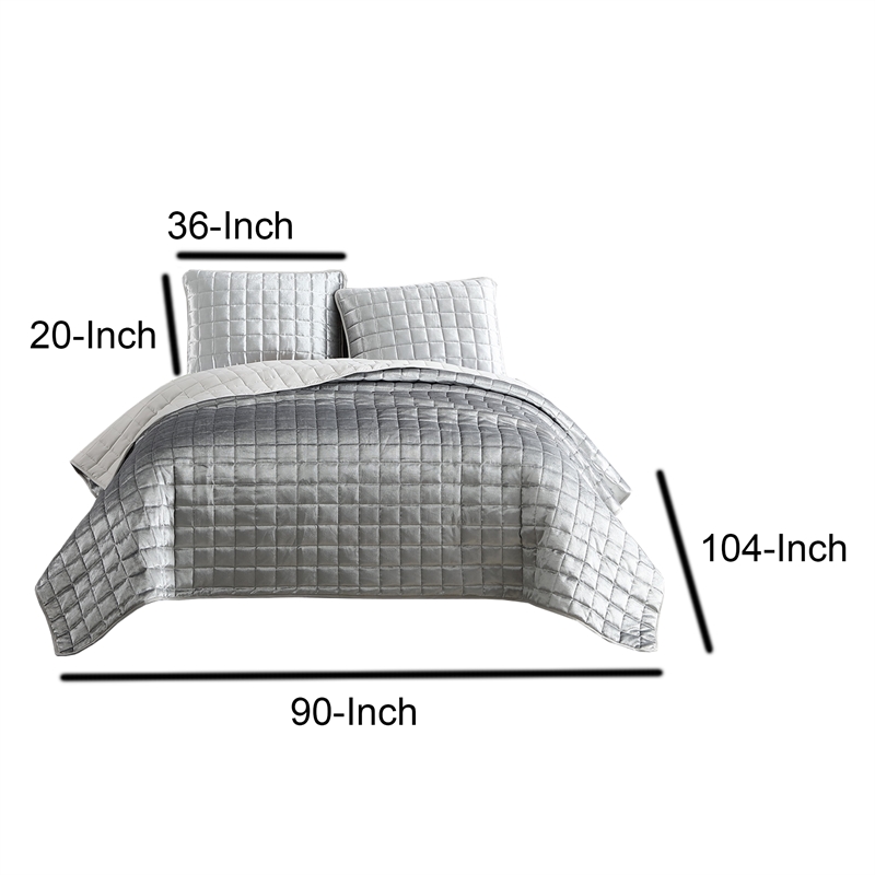 3 Piece King Size Coverlet Set with Stitched Square Pattern- Silver