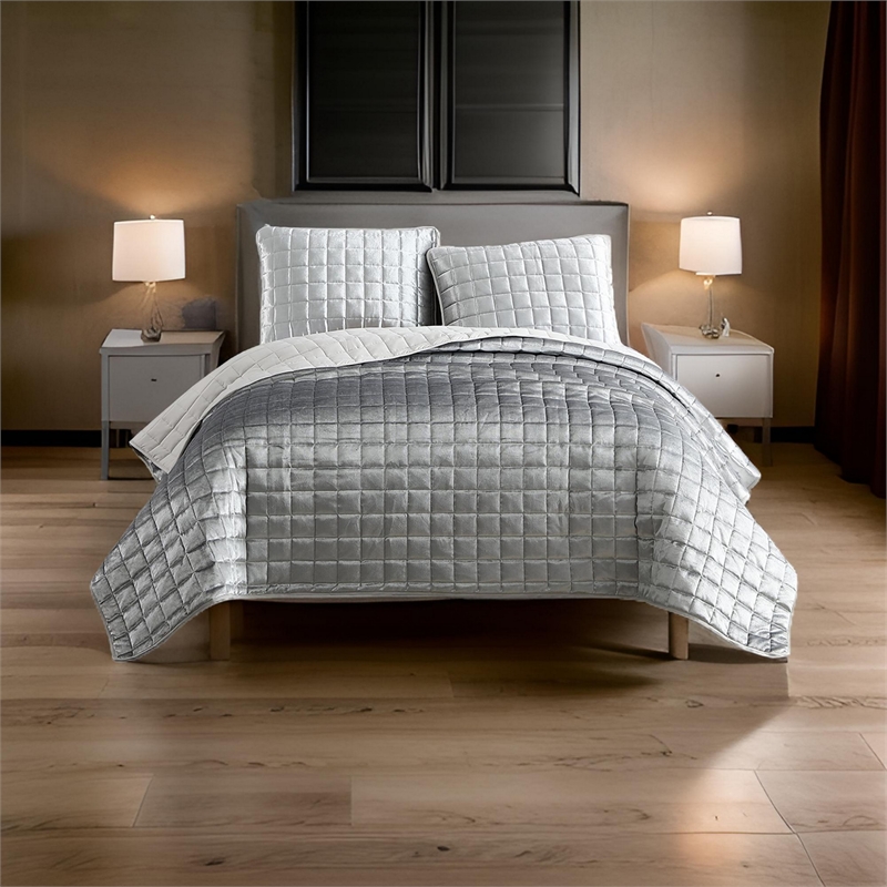 3 Piece King Size Coverlet Set with Stitched Square Pattern- Silver