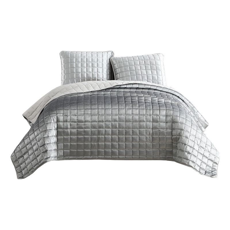 3 Piece King Size Coverlet Set with Stitched Square Pattern- Silver
