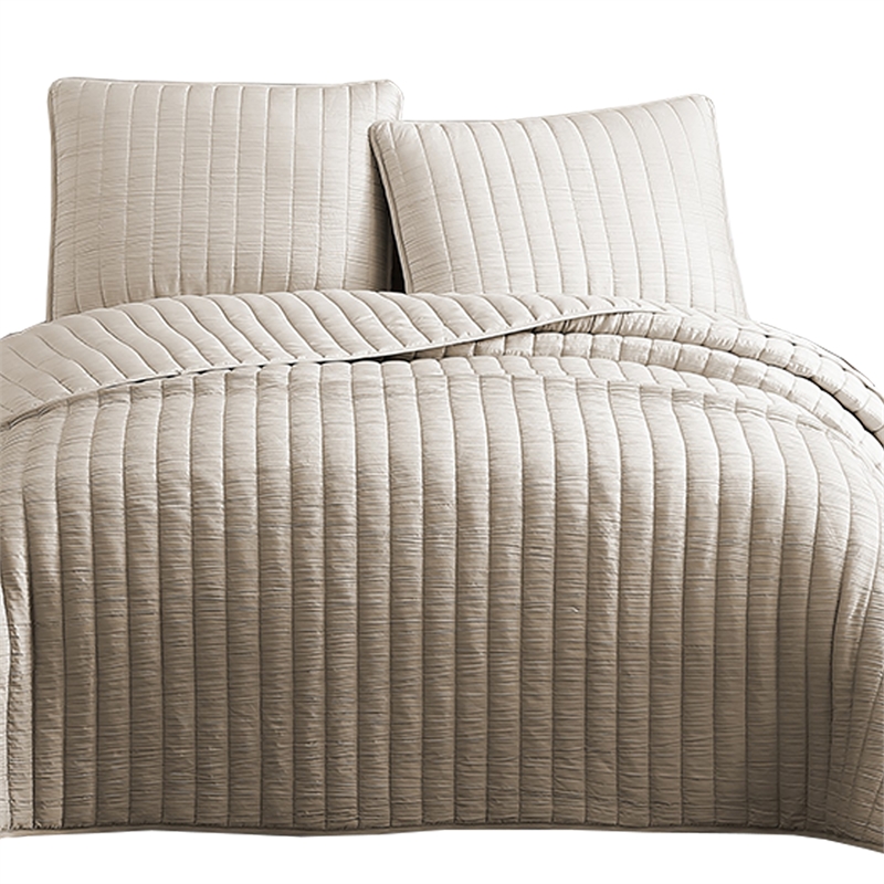 3 Piece Crinkles King Size Coverlet Set with Vertical Stitching- Brown