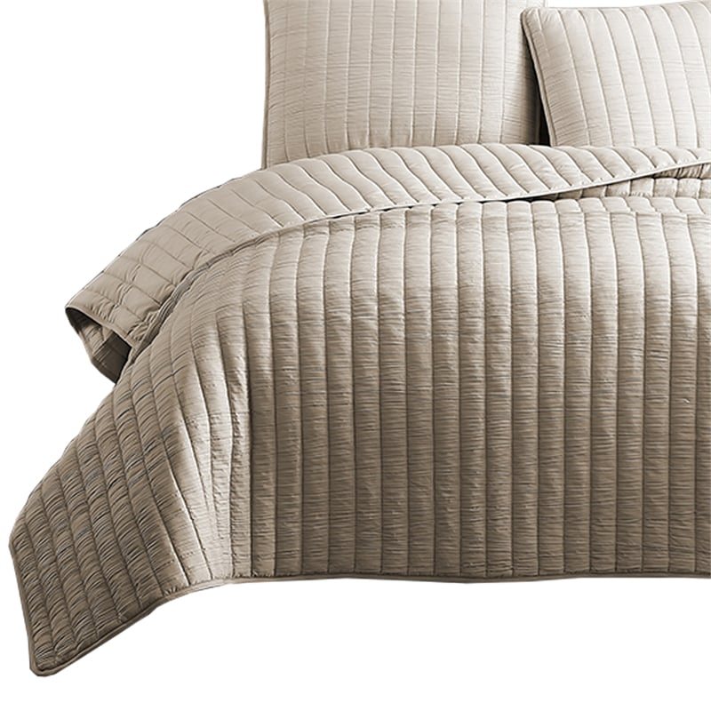 3 Piece Crinkles King Size Coverlet Set with Vertical Stitching- Brown