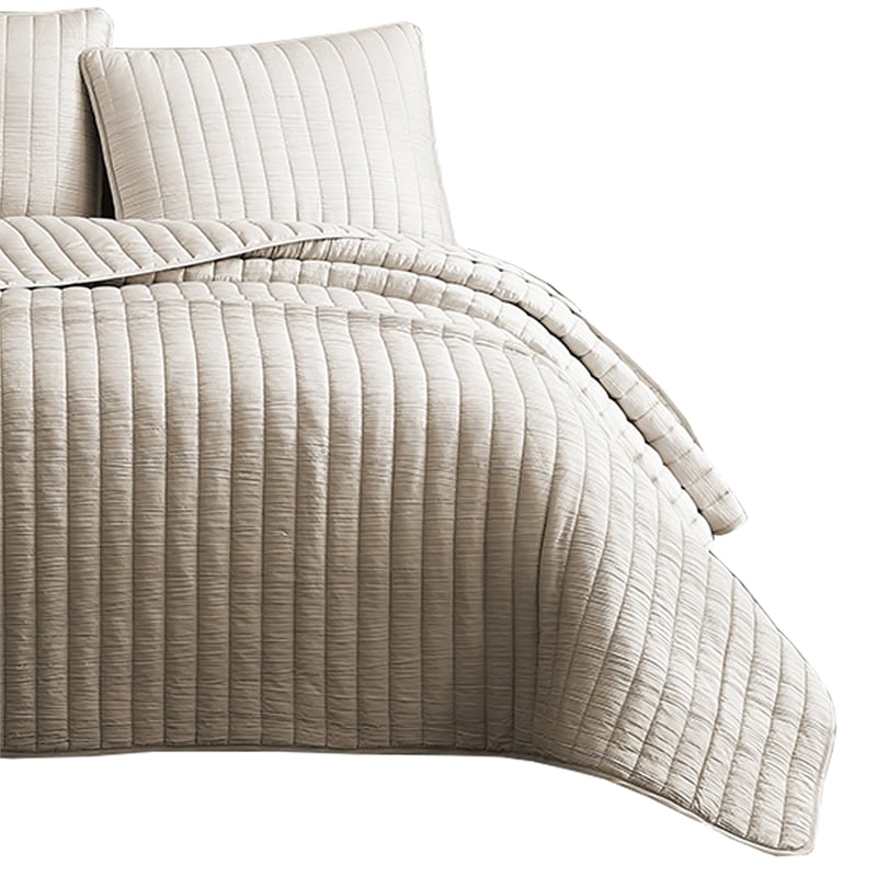 3 Piece Crinkles King Size Coverlet Set with Vertical Stitching- Brown