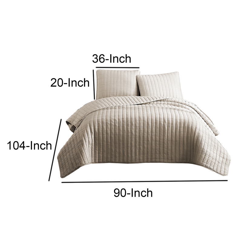 3 Piece Crinkles King Size Coverlet Set with Vertical Stitching- Brown