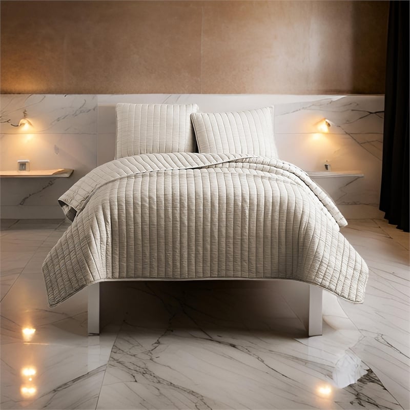 3 Piece Crinkles King Size Coverlet Set with Vertical Stitching- Brown
