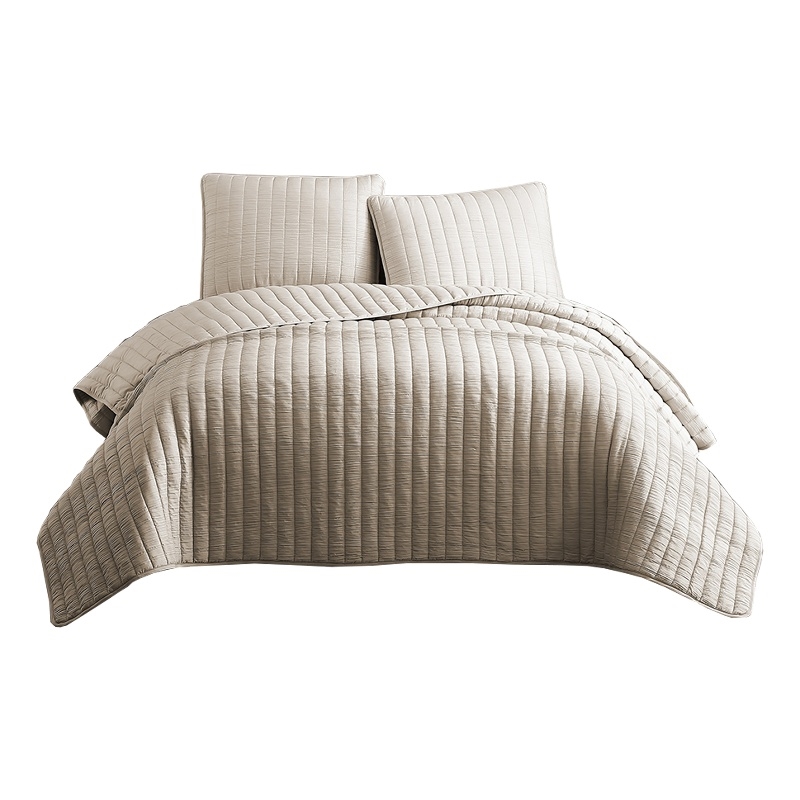 3 Piece Crinkles King Size Coverlet Set with Vertical Stitching- Brown