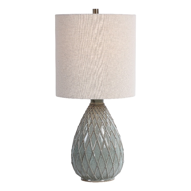 Pot Bellied Ceramic Table Lamp with Diamond Pattern- Gray
