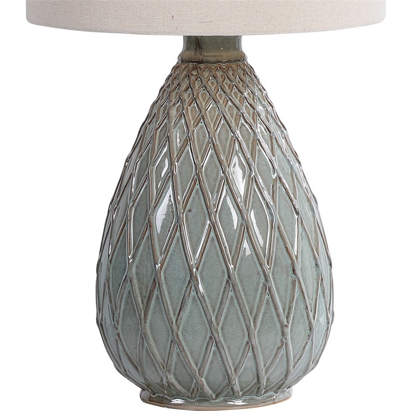 Pot Bellied Ceramic Table Lamp with Diamond Pattern- Gray