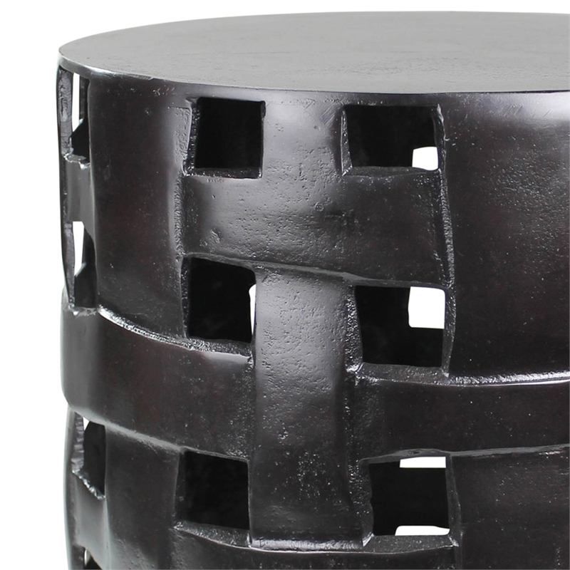 Metal Side Table with Interwoven Drum Base- Black