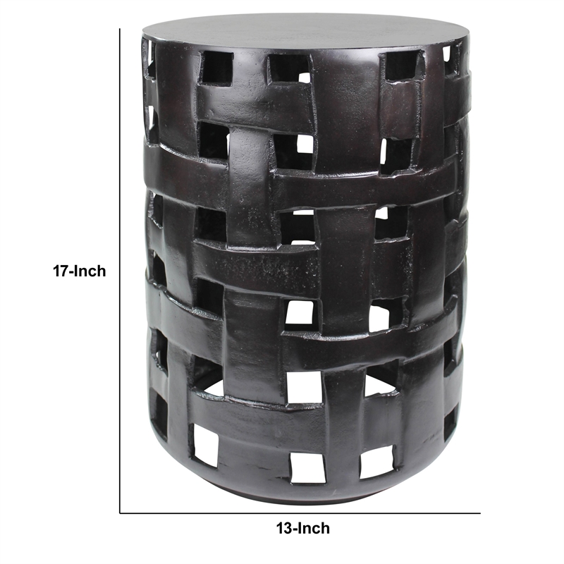 Metal Side Table with Interwoven Drum Base- Black