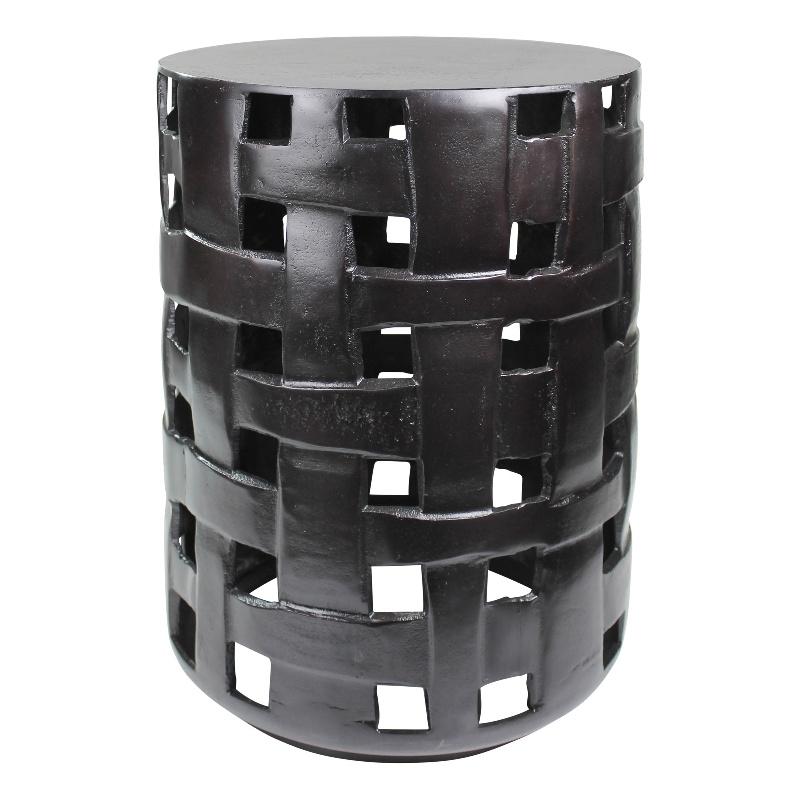 Metal Side Table with Interwoven Drum Base- Black