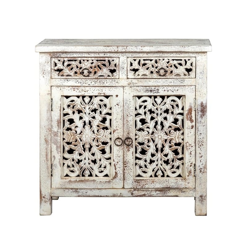 2 Door and 2 Drawer Hand Carved Wooden Frame Buffet- Antique White