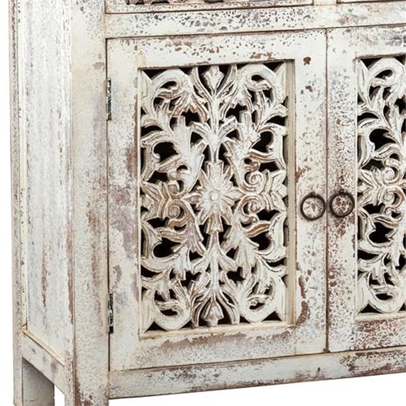 2 Door and 2 Drawer Hand Carved Wooden Frame Buffet- Antique White