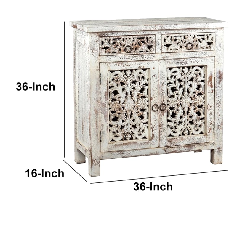 2 Door and 2 Drawer Hand Carved Wooden Frame Buffet- Antique White
