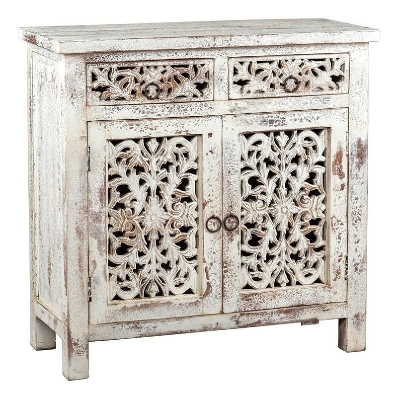 2 Door and 2 Drawer Hand Carved Wooden Frame Buffet- Antique White